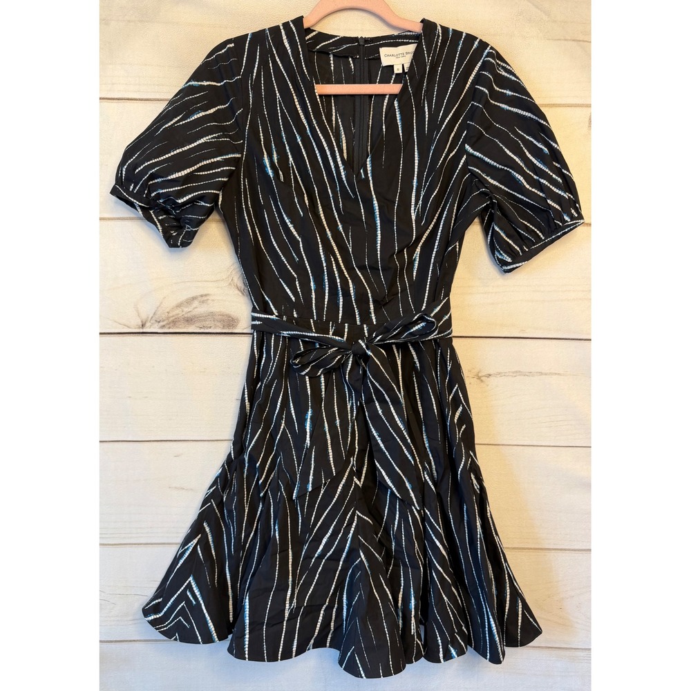 Charlotte Brody New York Black White Abstract Print Cotton Belted Mini Dress S